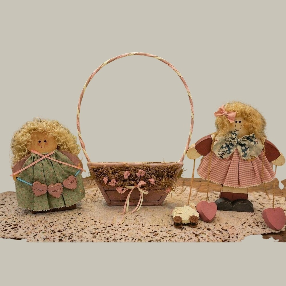 Folk Art Lot Wooden Doll Basket Set Primitive Country Farmhouse Decor Pink